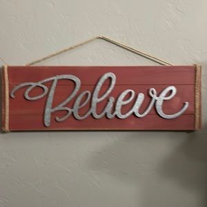 NWT BELIEVE wood sign, rustic red with metal and rope